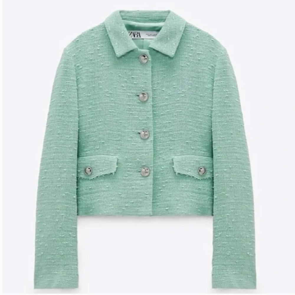 Zara Pastel Green Tweed Cropped Jacket